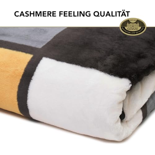 Gözze - Weiche Kuscheldecke, Cashmere Feeling, Hohes Stoffgewicht 500 g/m², Antigua, 150 x 200 cm - Senf/Schwarz/Weiß