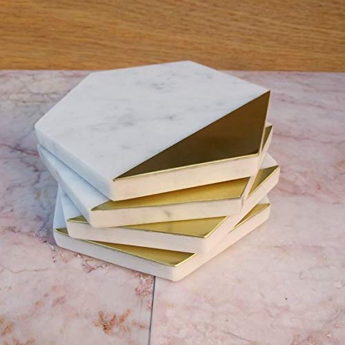 Krishna Mehta Beautiful Marble Brass Coaster with Golden Finish (Set of 4) Tea Coaster for Office and Home