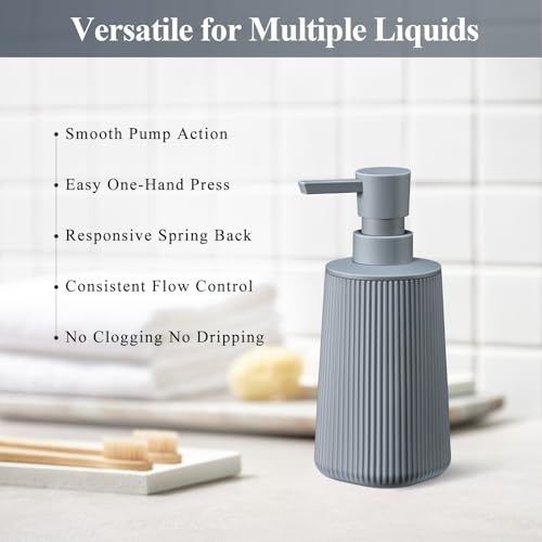 Image of Gray Hand Soap Dispenser with No Rust Pump for Bathroom and Kitchen Countertops Refillable Striped Matte Plastic 8.5 oz