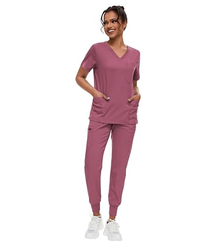 MEDSKIN Schlupfkasack für Damen – Stretch-Oberteil mit V-Ausschnitt und Jogginghose mit 8 Taschen, mauve, 46