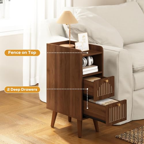 Image of Wnutrees 9.3 inch Narrow Nightstand with 2 Drawer, Fluted Wood End Table, Brown