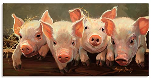 ARTLAND Wanddeko Leinwand Bilder Wandbild 100 x 50 cm Tiere Haustiere Schwein Malerei Pink Rosa Das große Grunzen T1SC