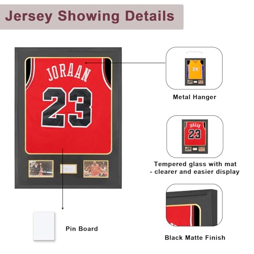 Image of Jinchuan Jersey Frame Display Case with Tempered Glass - Jersey Display Case with Mat -Wall Mount Jersey Shadow Box with Black Mat for Footbal Basketball Sport Shirts, Photos and One Signature,Black