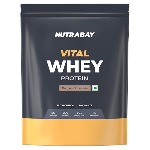 Image of Nutrabay Gold Vital Whey Protein Powder for Beginners with Added Vitamins & Minerals - Muscle Growth & Body Strength - 1kg, Belgian Chocolate | Easy to Digest | 100% Authentic Imported Clean Protein