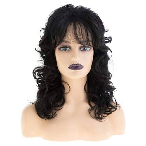Baruisi Long Curly Wavy Black Wig Synthetic Layered Fluffy Shag Wig with Bangs Messy Hair for Party Cosplay Use