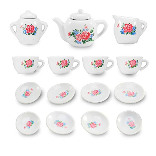 Liberty Imports 17 Piece Rose Flower Miniature Porcelain Ceramic Tea Set - Pretend
