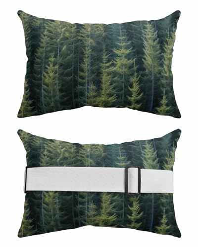 Forest Outdoor Beach Pool Chaise Lounge Chair Head Throw Pillow Covers 11x16 With Insert And Elastic Stripe Set of 2,Lumbar Cushion Pillow Cases,Green Rustic Cabin Lodge Farmhouse Pine Trees