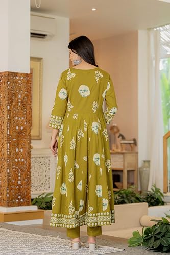 Image of Pistaa's Women's Pure Cotton Anarkali Floral Printed Hand Work Kurta with Pant & Dupatta Set