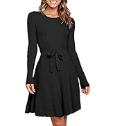 ANRABESS Women's Long Sleeve Midi Dress Crewneck Tie Waist A-Line Swing Casual Bodycon Ribbed Kni...