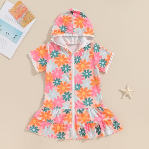 Image of Girls Swim Cover Up Kids Short Sleeve Swimsuit Coverups Terry Zip-Up Hoodies Beach Dress Ruffle Bathing Suit Wraps
