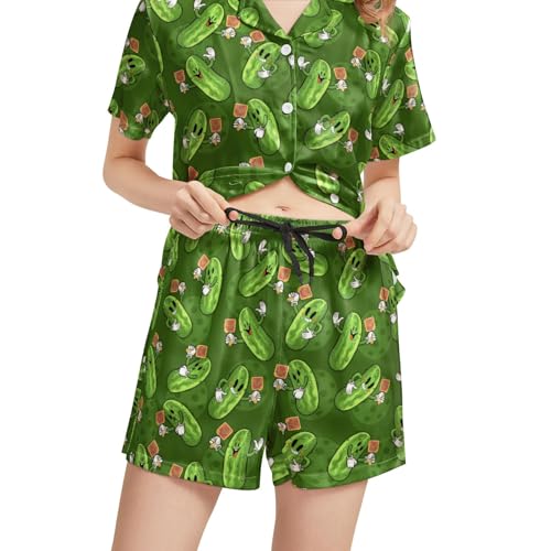 Image of Funny Pajamas for Women Set Print Satin Loungewear Pjs Short Sleeve Button Down Top and Shorts Sets Sleepwear XS-3XL