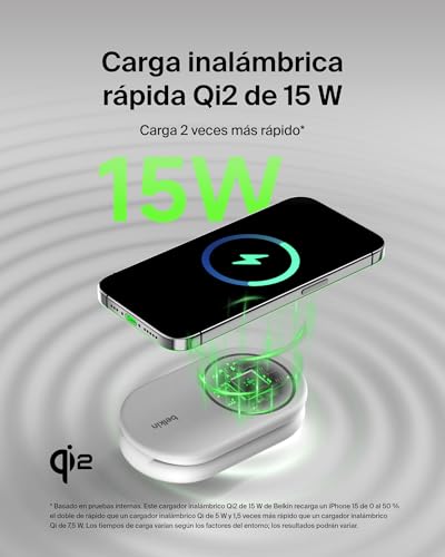Miniatura 3 de Belkin BoostCharge Cargador Magnético Plegable Qi2 15W, Estación de Carga Inalámbrica Compatible con MagSafe, Carga Rápida para iPhone 17, Air, Pixelsnap, Base con Soporte Antideslizante - Blanco