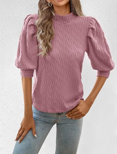 PRETTYGARDEN Womens Puff 3/4 Sleeve Tops 2025 Trendy Spring Summer Mock Neck Texture Knit T Shirts Work Casual Dressy Blouses3