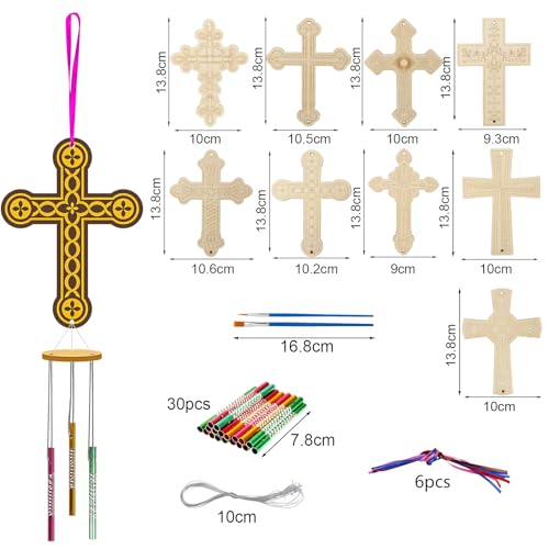 Fennoral 9 Pack Cross Wind Chime Kit for Kids Make You Own Sunday School Craft for Kids Wooden DIY to Paint for Art Activities Christian Mom's Gifts Birthday Sunday School Decoration by Fennoral - Used condition - Image 7