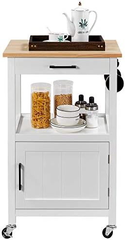 Topeakmart Rolling Kitchen Island Utility Cart on Wheels with Wooden Prime, Storage Drawer Shelf and Facet Hooks, for Eating Rooms Kitchens Residing Rooms White