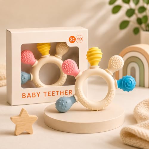 Image of KLIMET Baby Teether Toy - Silicone Teething for 3+ Months | BPA-Free, Soft & Safe Infant Chew Toy (Type 2 Silicone & Wooden)