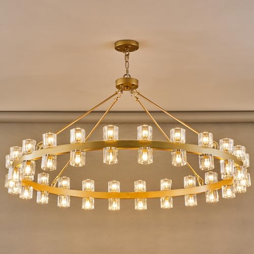 Image of 48 Inch Gold Wagon Wheel Chandelier with Crystal Shade, 48 Lights, Modern Farmhouse Style, Ideal for Dining Room, Kitchen, Entryways