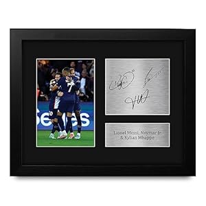 HWC Trading Lionel Messi, Neymar Jr & Kylian Mbappe PSG Framed Gifts Printed Signed Autograph Picture for Football Fans and Supporters – US Letter Size