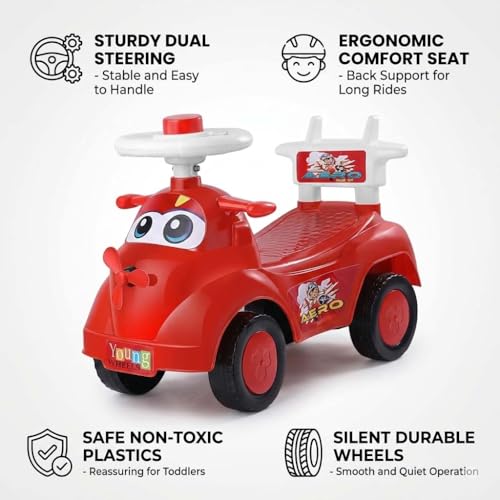 Image of Kids Ride On Red Car for Toddlers with Steering Wheel & Backrest | Foot to Floor Baby Push Car | Indoor Outdoor | Strong Wheels & Comfortable Seat | Racing Design for Boys & Girls (1-3 Years)