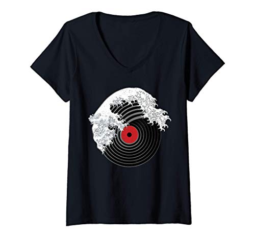 Femme La Grande Vague de Musique DJ Platine Vinyle Kanagawa Japan T-Shirt avec Col en V Cover