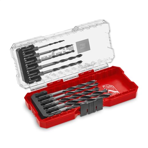 Original Einhell S-CASE 10-Juego de Brocas para Madera (Doble Espiral, Hechas de Acero Herramienta C45 Laminado, Vástago E 6.3, Unión Afilada de 3 Puntos, Punta de Centración Incl