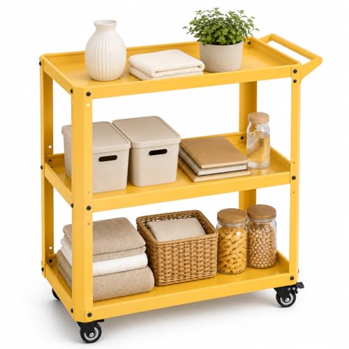 Image of XCX 3 Tier Metal Utility Rolling Cart with Wheels, Yellow
