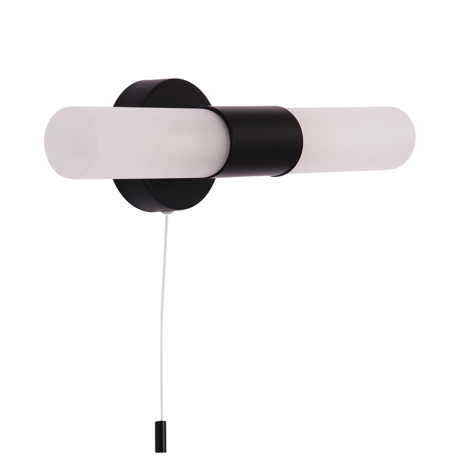 Happy Homewares Modern Matte Black IP44 Rated Bathroom Wall Light Fitting with Tubular Frosted Glass Shades | 2 x 5w G9 Required | 32cm x 10cm x 8cm | Pull Switched