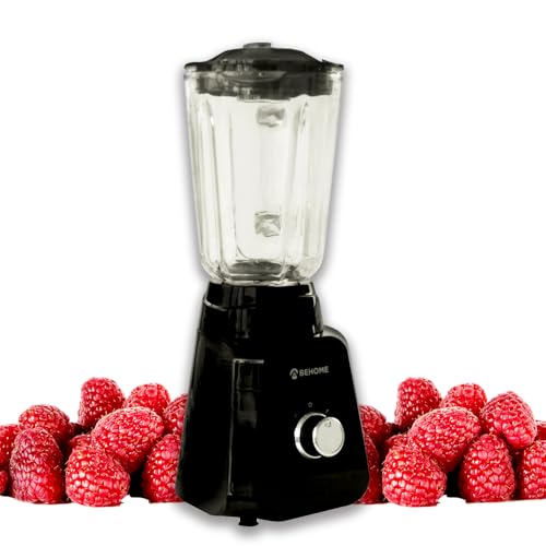 BEHOME Mixer Elettrico con Bicchiere in Vetro 1.5L, Lama in Acciaio Inox | Frullatore con piedini antiscivolo, regolazione velocità 400W e luce LED, per Frullati, Smoothies, Shacker, Sughi, Pappe