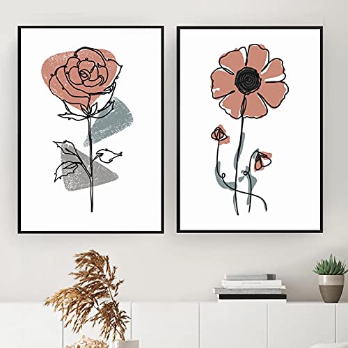 Toile murale minimaliste dessin au trait fleur rose 40x60cm