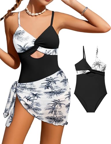 Girls'Swimwear One Piece Kids Swimsuits for Girls Tropical Twist Cross Bathing Suits with Cover Up Skirt