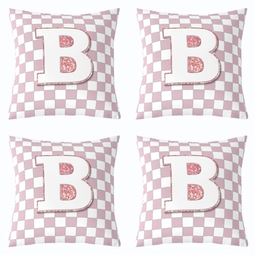 Image of Erosebridal Pink Initial B Throw Pillow Covers 18x18 Set of 2 Kawaii Plaid Checkered Pillow Covers Cute Personalized Monogram Cushion Cover Fashion Grids Gingham Pillow Cases for Couch Sofa