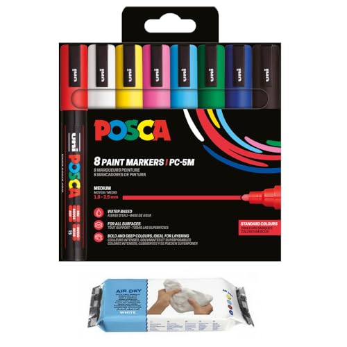 JP-JORPAY PC-5M Conjunto de marcadores de ponta média, 8 cores básicas, tinta acrílica permanente para papel, madeira, vidro, tecido, pedra e muito mais-inclui pasta para modelar