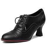 Yremael Women's Black Oxfords Dress Wingtip Vintage Comfortable Chunky High Heel Lace Up Brogues Booties