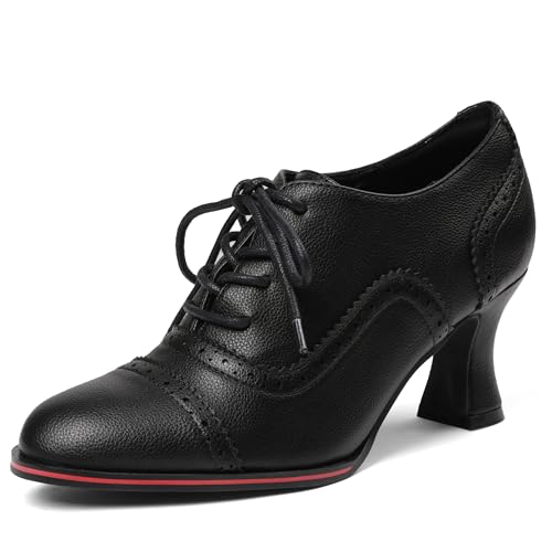 Women’s Black Oxfords Dress Wingtip Vintage Comfortable Chunky High Heel Lace Up Brogues Booties