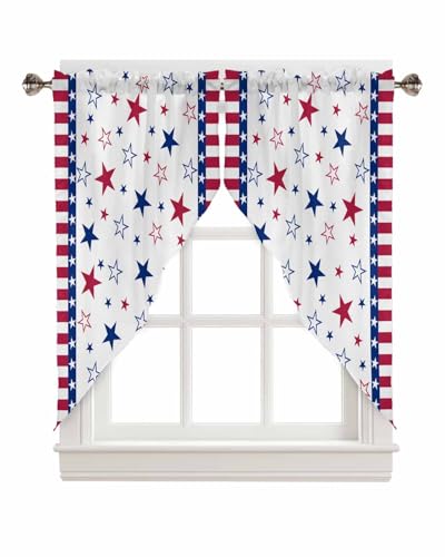 BEMIGO Swag Valances for Windows, Independence Day Star Rod Pocket Kitchen Window Curtains Over Sink, Red Stripe Window Curtain Panel Swag Curtains Valences, 36 Inches Length