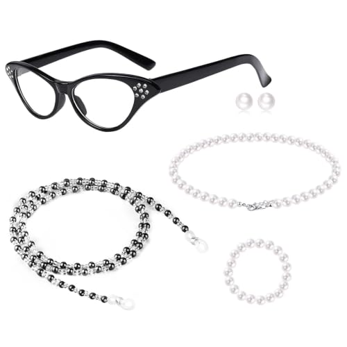 Yanbuny Old Lady Costume Accessories with Glasses Faux Pearl Necklace Chain for Granny Dress up (Style2)