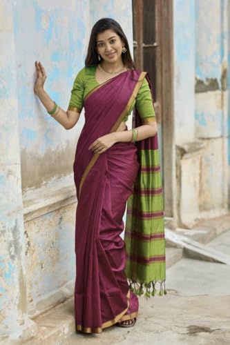 Image of Women's Cotton Woven Soft Sarees With Attach Blouse Piece.