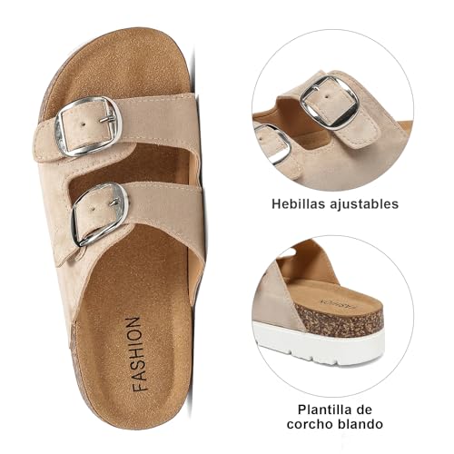 Platform Sandals Women With Cork Footbed, Non Slip On Slides With Adjustable Double Buckle, Open Toe Summer Chunky Shoes With Memory Foam Insole Wedge2