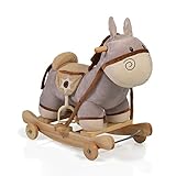 Das stabile Holzuntergestell hat vier einklappbare Räder. So kann das Schaukeltier zum Schaukeln, aber gleichzeitig auch als Gehfrei genutzt werden und den Kleinen beim Laufenlernen helfen