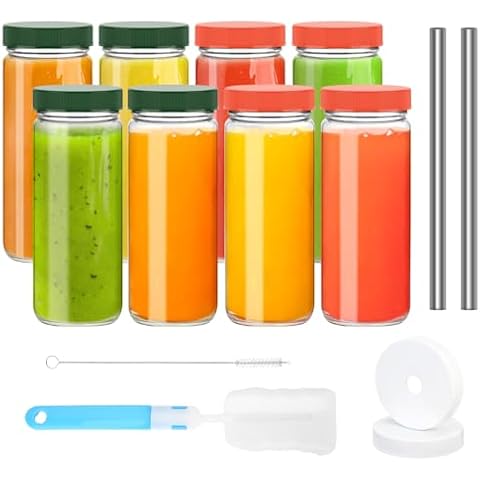 Sursip 16 oz Clear Glass Juice Bottles for Juicing Set of 8, Wide-Mouth Glass Water Bottles with Lids & Straws, Reusable Juice Containers Drinking Jars for Juicing, Boba, Smoothie, Tea, Kombucha Cover