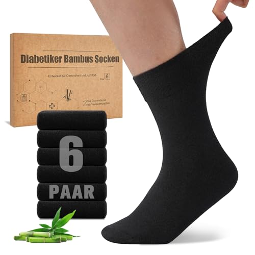 Niorasen Bambus Diabetikersocken, 6 Paar Diabetiker Socken ohne Gummibund & ohne Naht, Bambussocken Gesundheitssocken mit Komfortbund für Herren & Damen, Schwarz 43-46