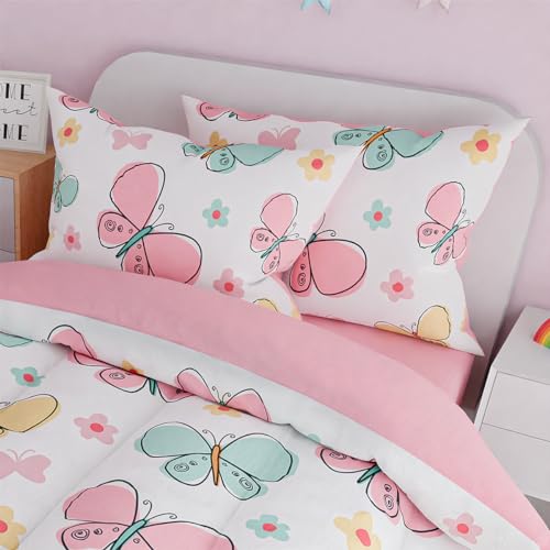 Image of SANDJEST Butterfly Full Bedding Sets for Girls, Ultra Soft Microfiber Comforter Set with 4-Pieces, Bed Sets for Kid Tween Teen Bedroom Decor