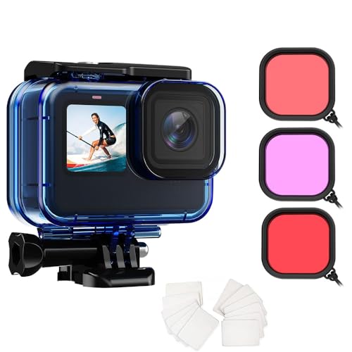 Lot de 3 boîtiers étanches pour caméra d'action GoPro Hero13/12/11/10/9 avec filtre de plongée, protection sous-marine GoPro - Kit d'accessoires de filtre de correction des couleurs