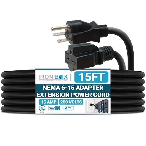 IronBox Electric - NEMA 6-15 Adapter Extension Power Cord - Rated for 15A/250V - 14 AWG Jacket - Heavy Duty Extension Cable - Weatherproof Design - Ideal for Indoor and Outdoor Use (15 feet, Molded)