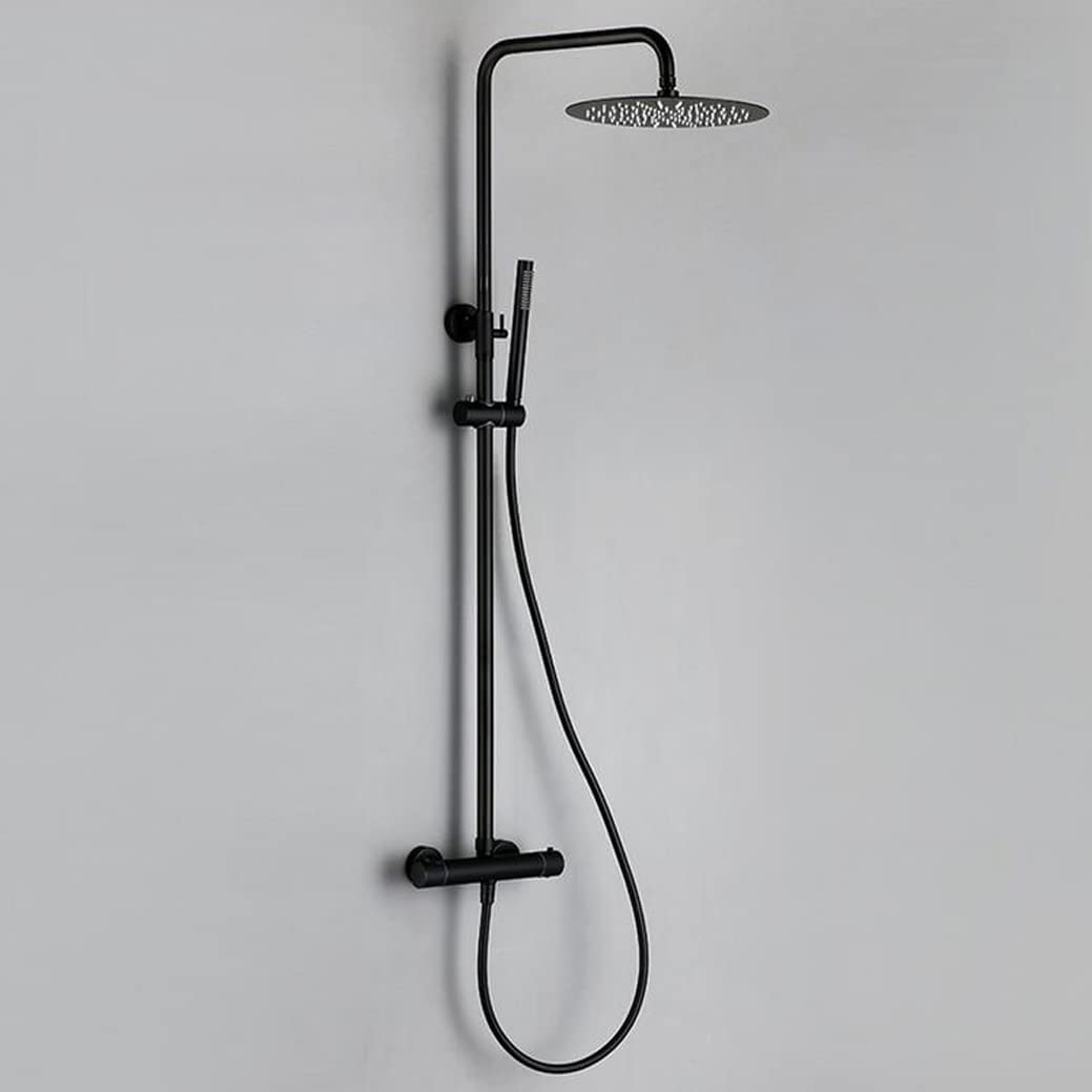 OZBMA Shower Set System, Thermostat Matt Black Mixer Brass Diverter Bathroom Wall Mount Arm with 8-12 Inch Round Rainfall Handshower, Set,8