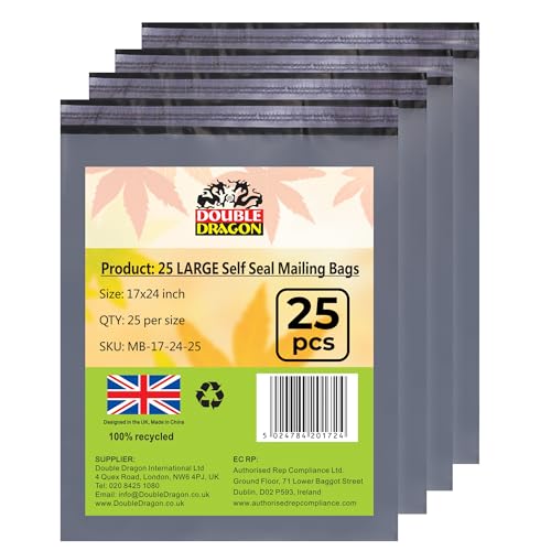Double Dragon 25-Pack 17"x24" Self-Seal Grey Large Mailer Bags |Self-Seal Shipping Envelopes | Strong, Waterproof, Tamper-Proof Polythene Packaging for Clothes, Bedding & Parcels (Also for Storage)