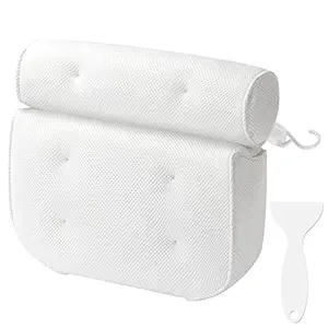 HEETA Bath Pillow, Extra Soft and Thick Bathtub Cushion for Soaking Tub - 3D Mesh Technology and 6 Suction Cups, Spa Bath Accessories with Neck, Head, Shoulder and Back Support Luxury Headrest (White)