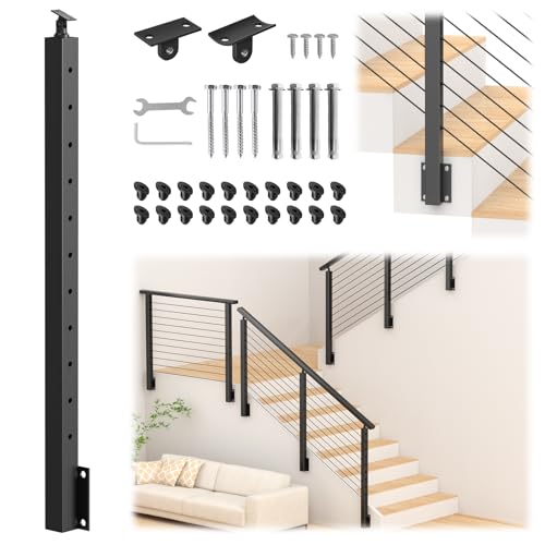 Image of 36 inch Left Side Mount Stair Cable Railing Post for 25-35 Degrees Stair, Stainless Steel Single Black Coated Fascia Mount Post for Cable Railing Kit, Indoor Outdoor Use, MY09-S