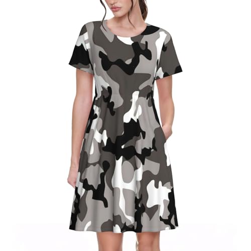 Robe d'été manches courtes femme imprimé camouflage gris blanc casual