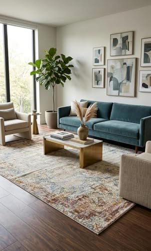 Image of 5x7 Feet (150x210 CM) Carpet for Living Room Hall & Bedroom - Ivory Multi Paisley Modern Abstract Geometric Silk-Touch Luxury Hotel-Style Washable Anti-Skid Turkish Area Rug